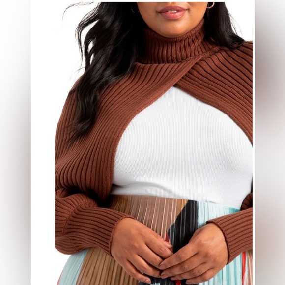 Eloquii Womens Brown Turtle Neck Puff Sleeve Pullover Sweater Scarf - Picture 1 of 4